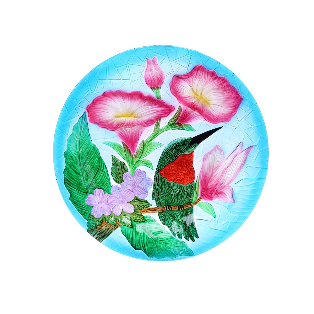 LuxenHome Hummingbird Floral Glass Bird Bath with Metal Stand. Picture 6