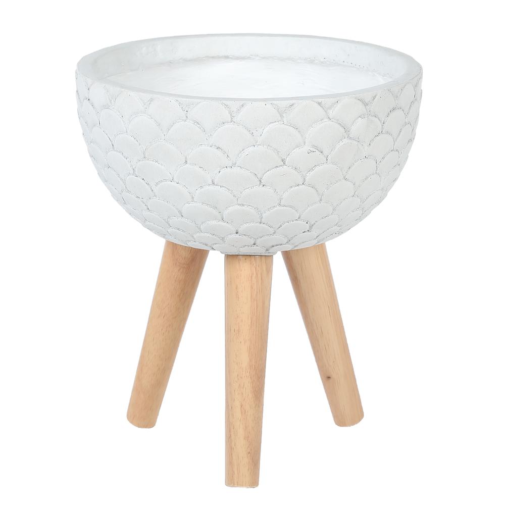 LuxenHome Scallop Embossed White 12.2 in. Round MgO Planter with Wood Legs. Picture 1
