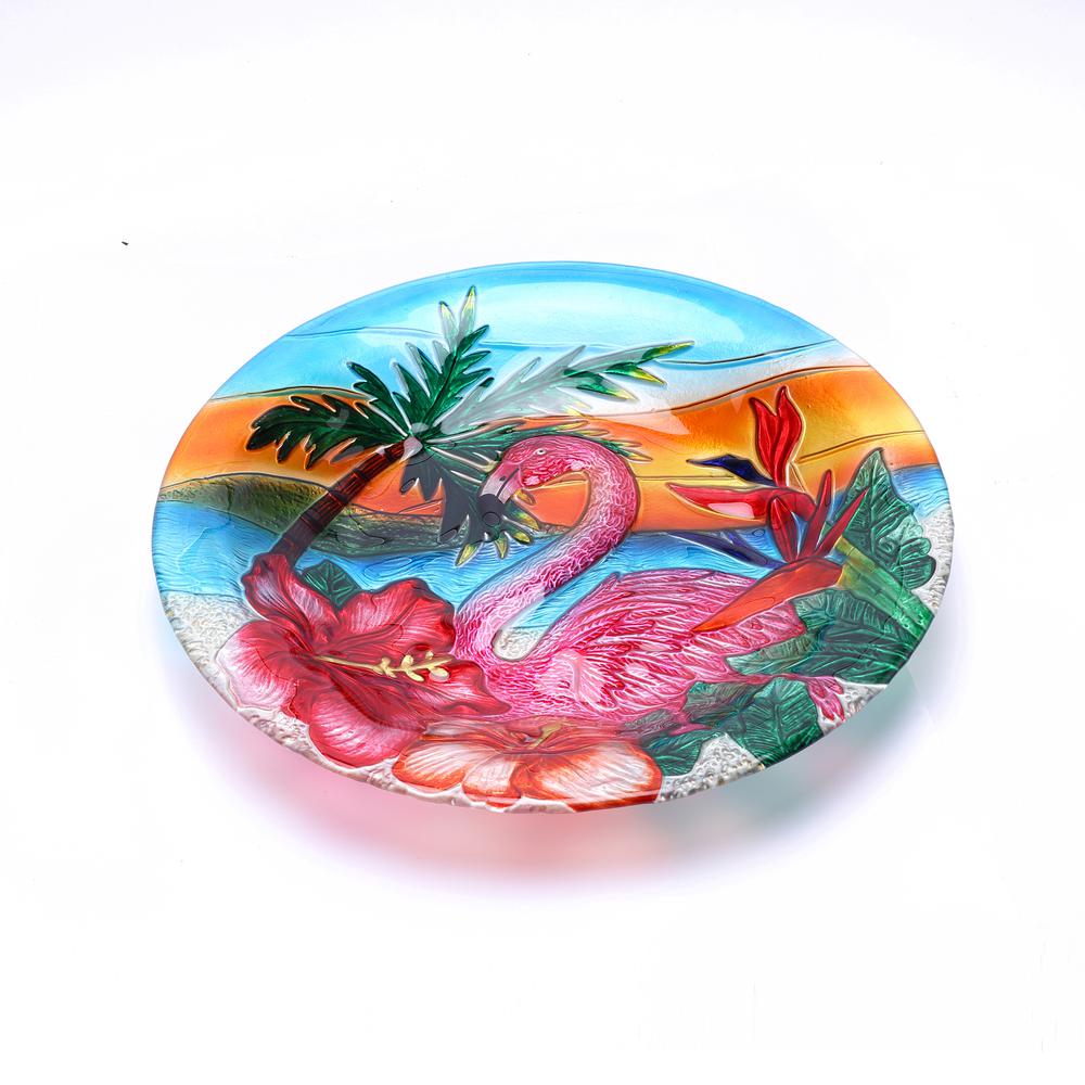 LuxenHome Flamingo Glass Bird Bath with Metal Stand. Picture 7