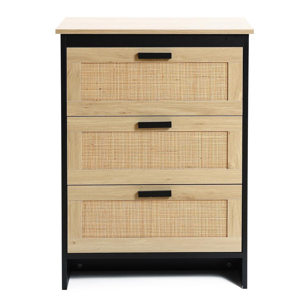 Black and Brown Wood 3-Drawer Rattan Chest. Picture 1
