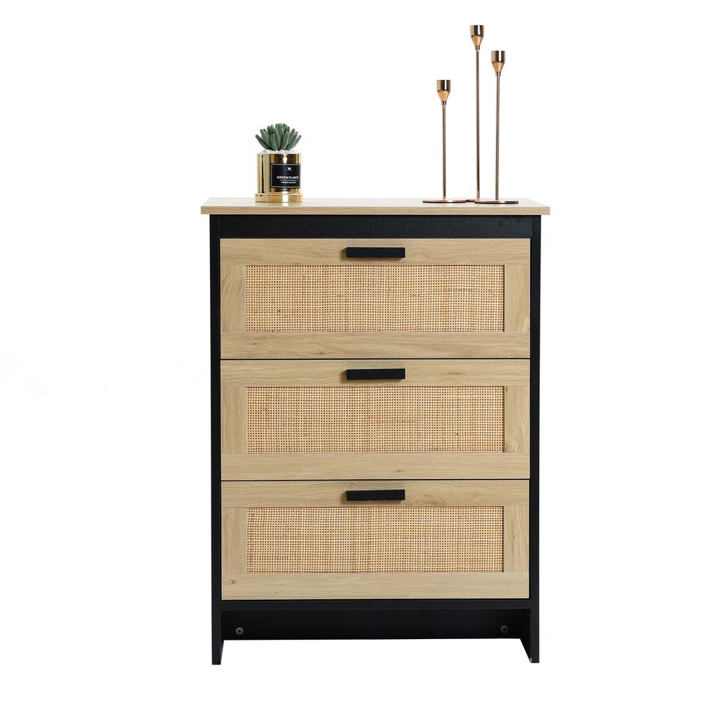 Black and Brown Wood 3-Drawer Rattan Chest. Picture 2