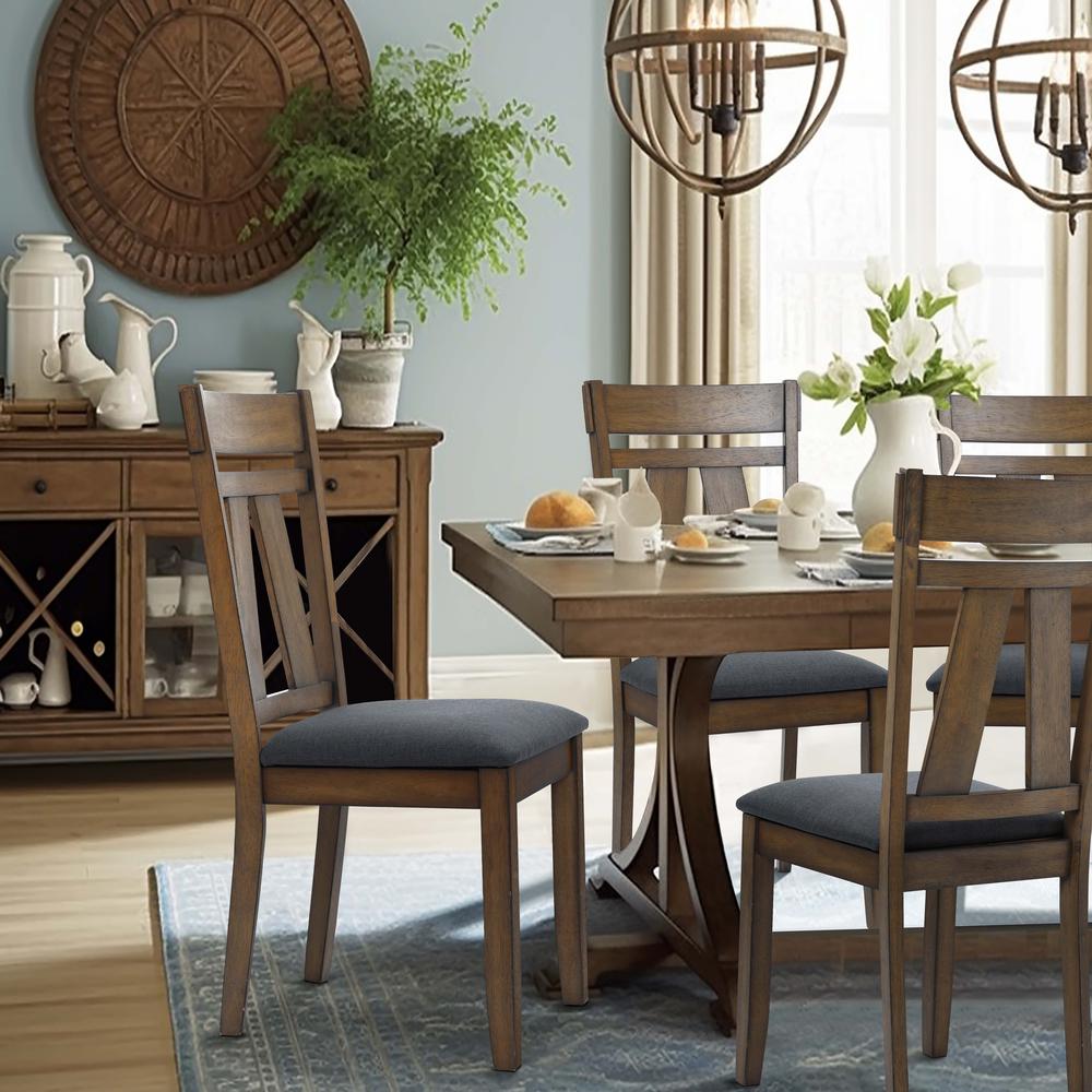 Farmhouse Natural Rubberwood Upholstered Gray Seat Dining Chair, Set of 2. Picture 7