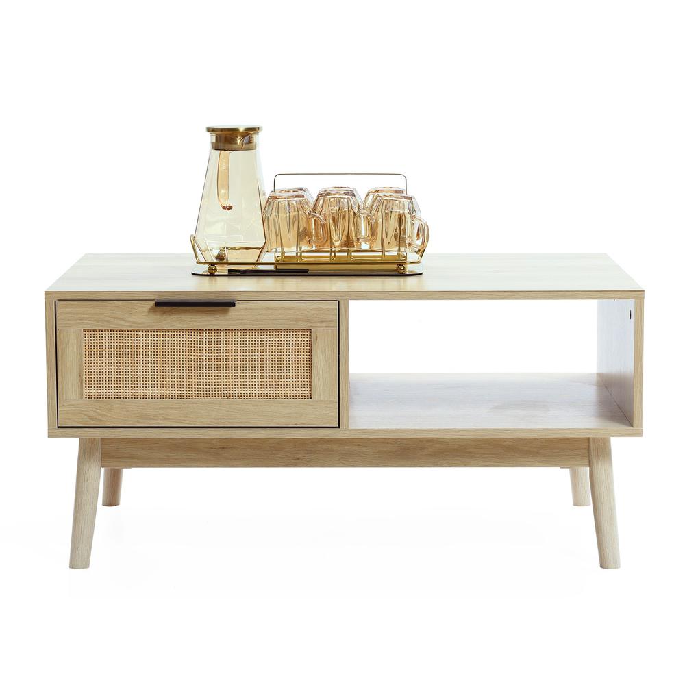 White Oak Finish Wood and Rattan Coffee Table. Picture 3
