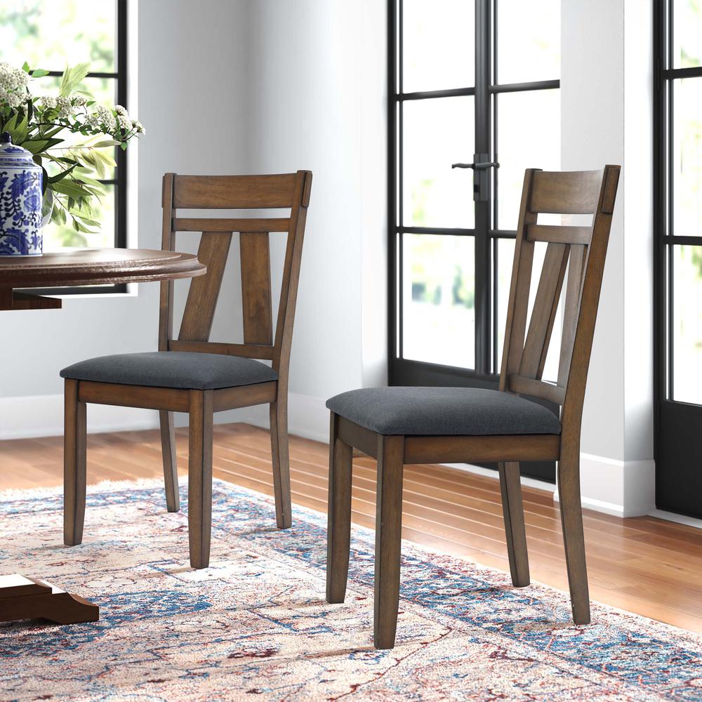 Farmhouse Natural Rubberwood Upholstered Gray Seat Dining Chair, Set of 2. Picture 6