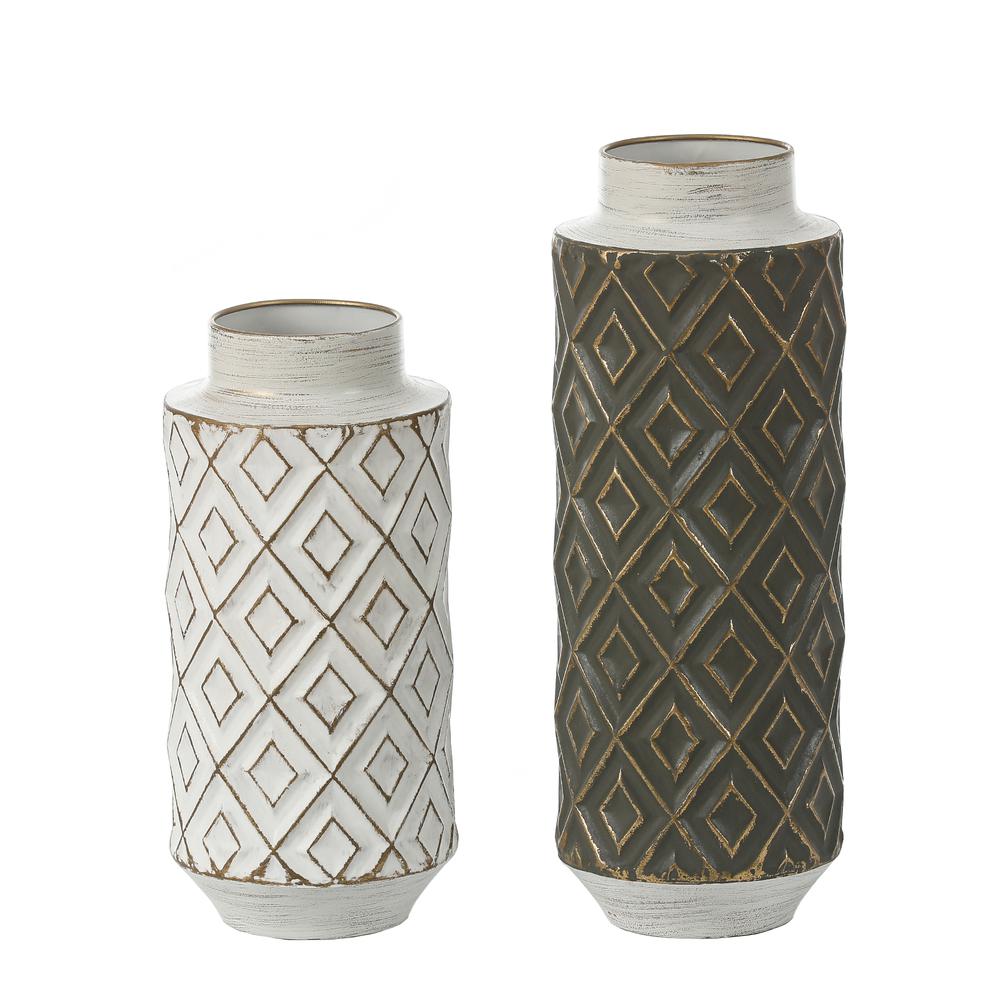 Set of 2 Distressed Black and White Metal Bottle Vases. Picture 1