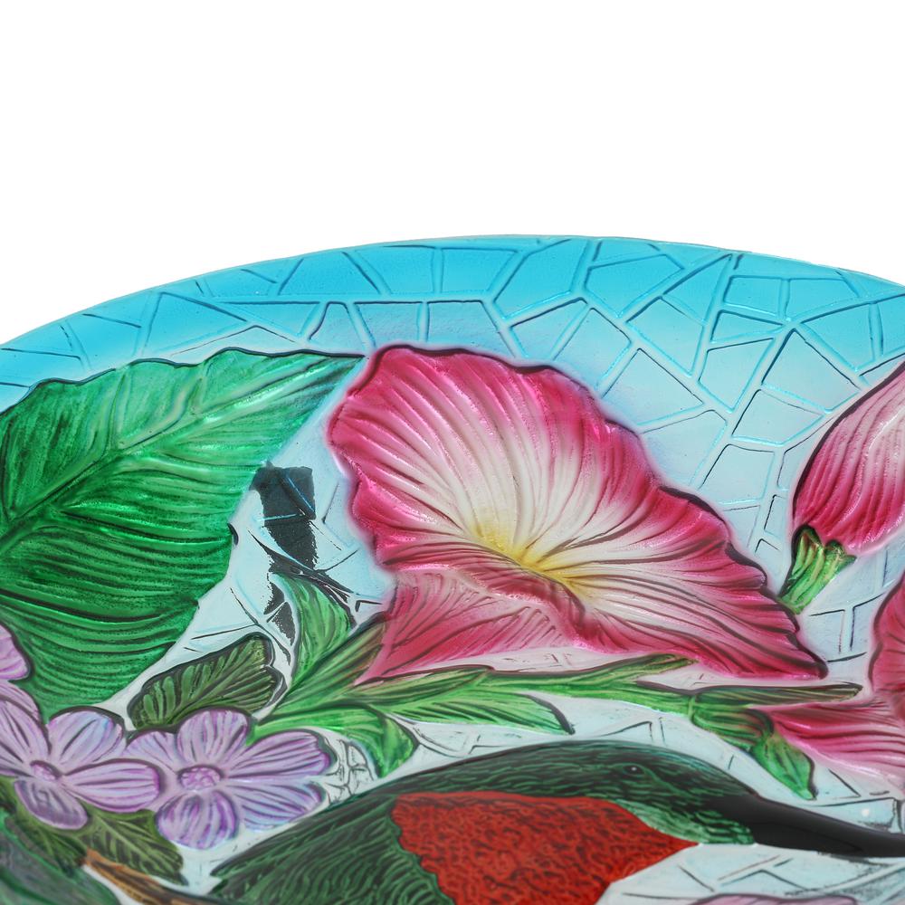 LuxenHome Hummingbird Floral Glass Bird Bath with Metal Stand. Picture 8