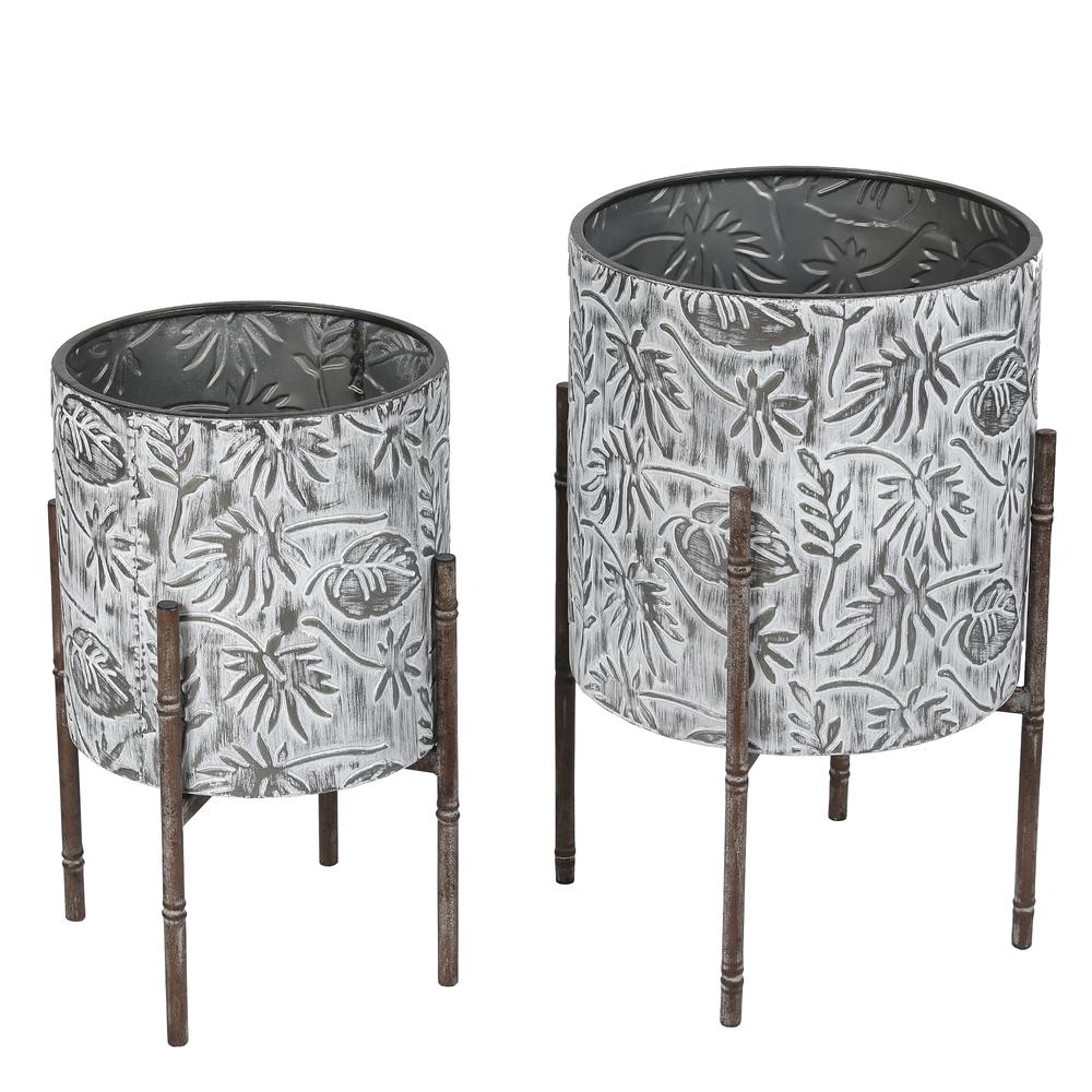 Two Piece Gray Metal Cachepots. Picture 1