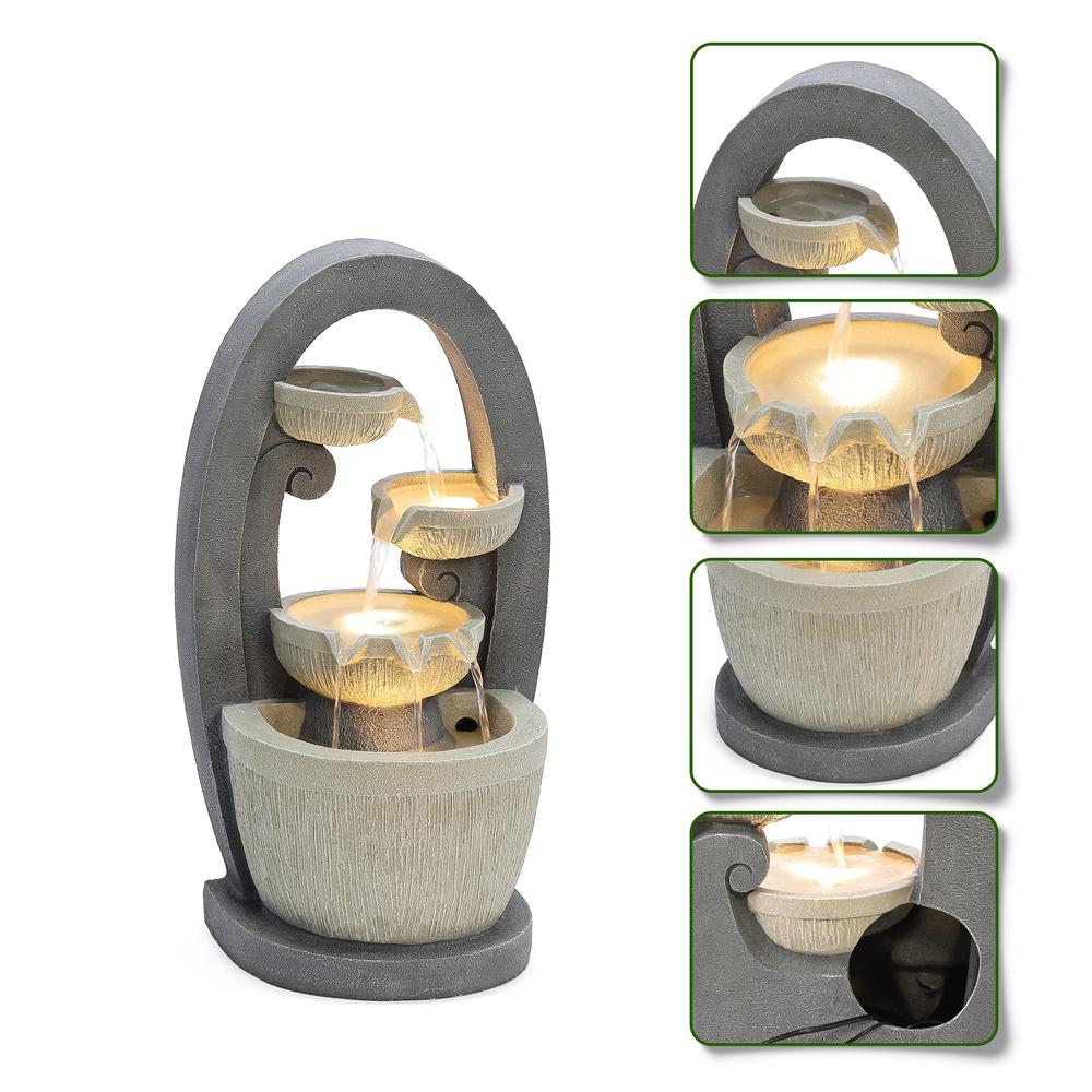 Gray Oval Cascading Bowls Resin Outdoor Fountain with LED Lights. Picture 8