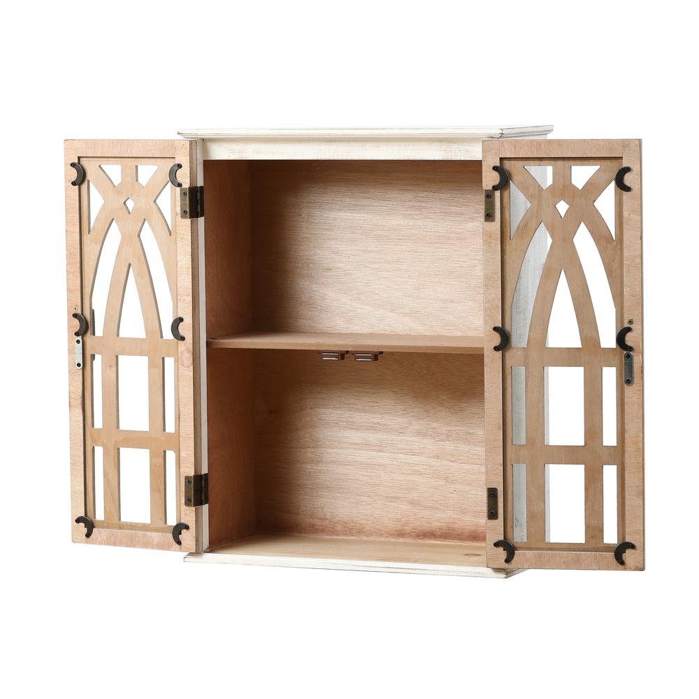 Farmhouse White and Natural MDF Wood Cathedral-Style 2-Door Wall Cabinet. Picture 5
