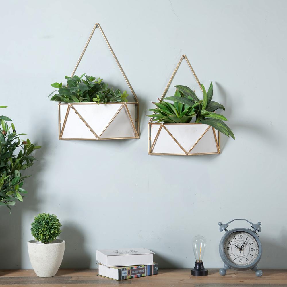 Set of 2 White and Gold Succulent Metal Cachepot Wall Planters. Picture 2