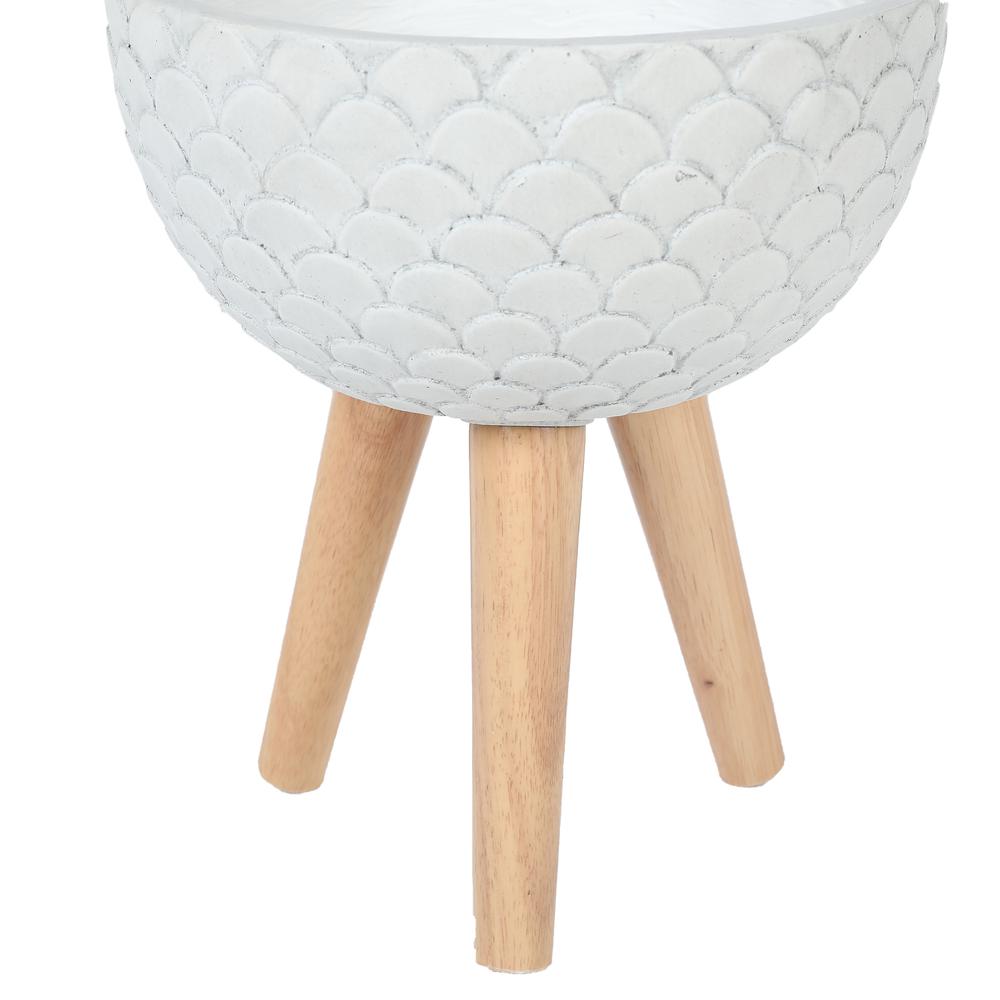 LuxenHome Scallop Embossed White 12.2 in. Round MgO Planter with Wood Legs. Picture 4