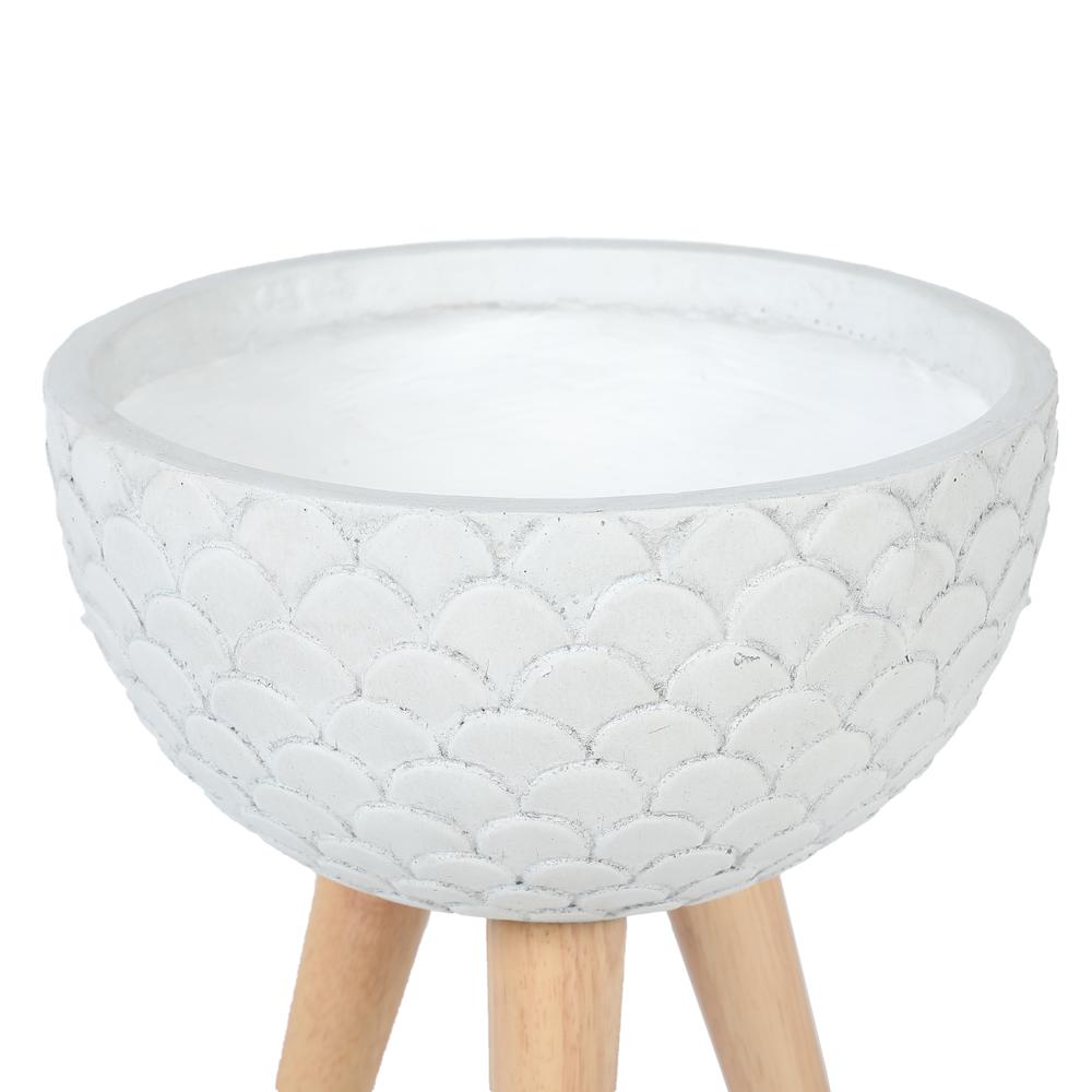 LuxenHome Scallop Embossed White 12.2 in. Round MgO Planter with Wood Legs. Picture 3