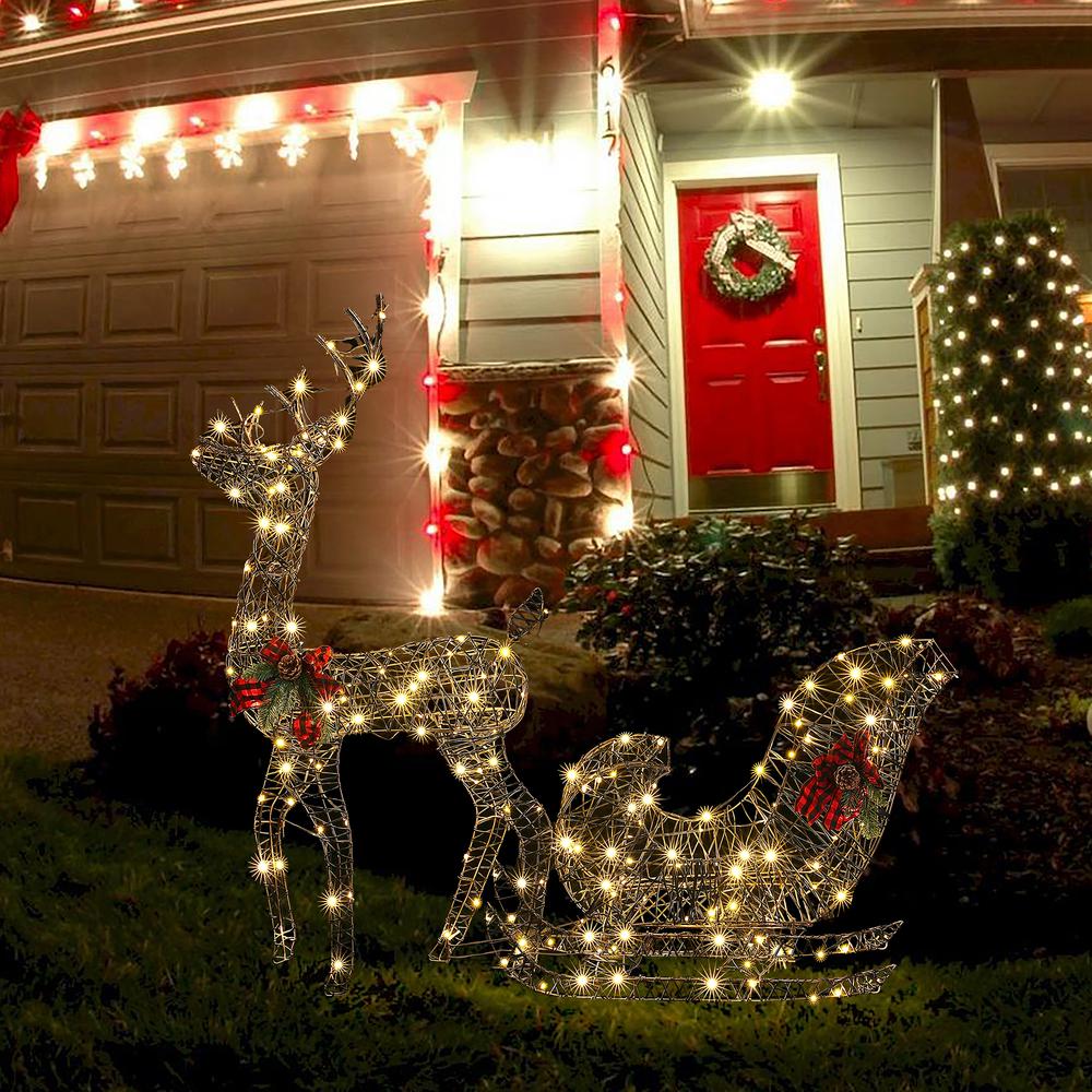 Reindeer and Sleigh Lighted Outdoor Holiday Decoration Set. Picture 4