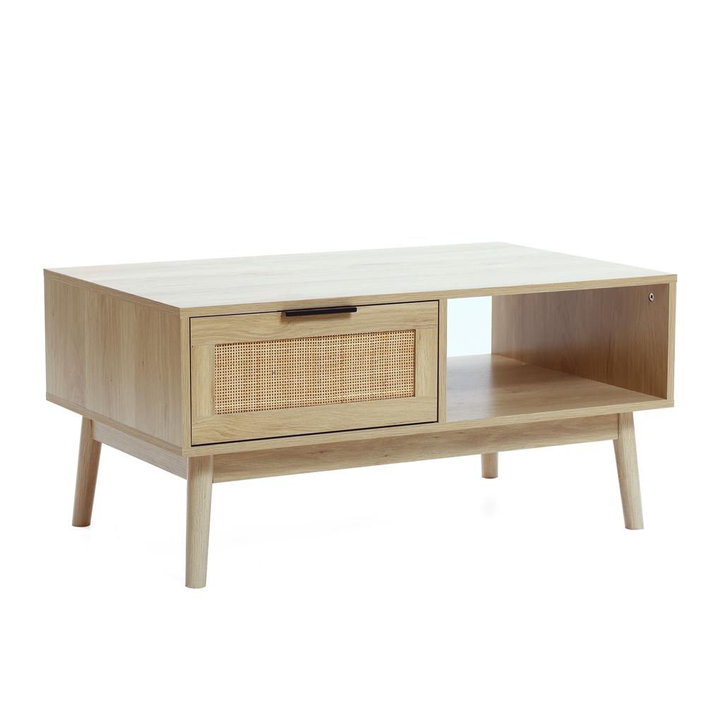 White Oak Finish Wood and Rattan Coffee Table. Picture 2