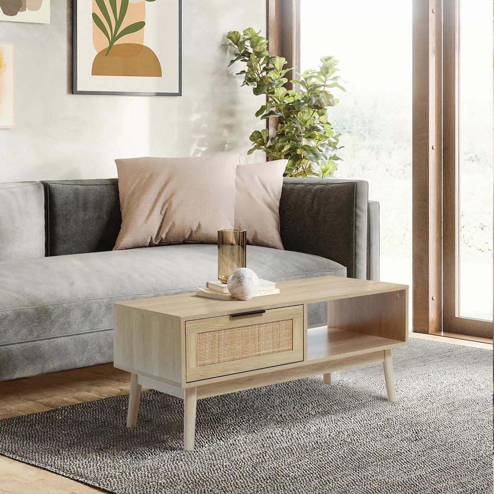 White Oak Finish Wood and Rattan Coffee Table. Picture 9