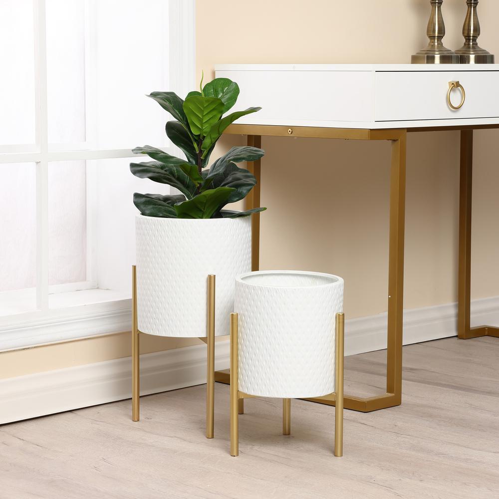 2-Piece White Round Metal Planters and Gold Stand. Picture 7