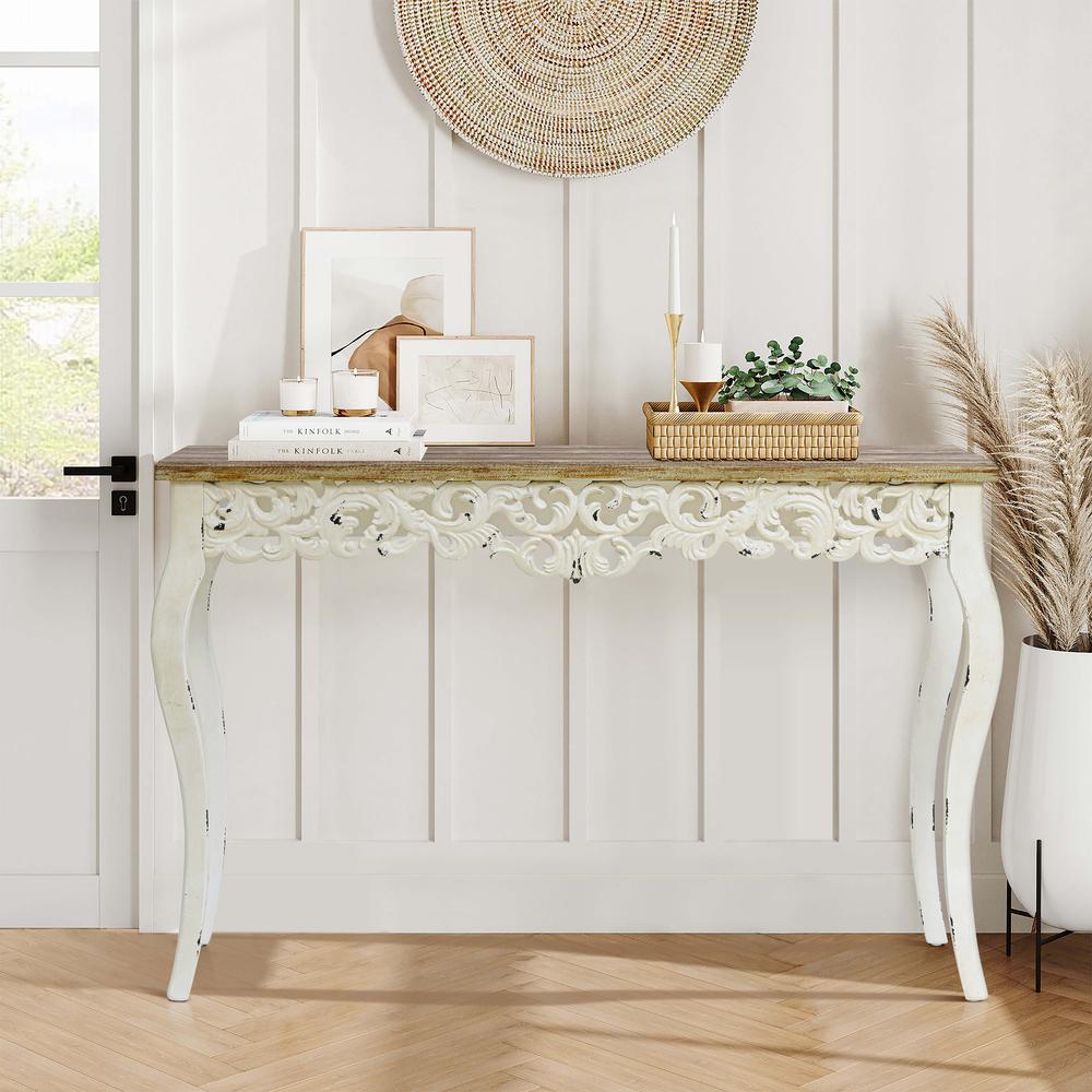 Victorian Off White and Natural Wood Console and Entry Table. Picture 2