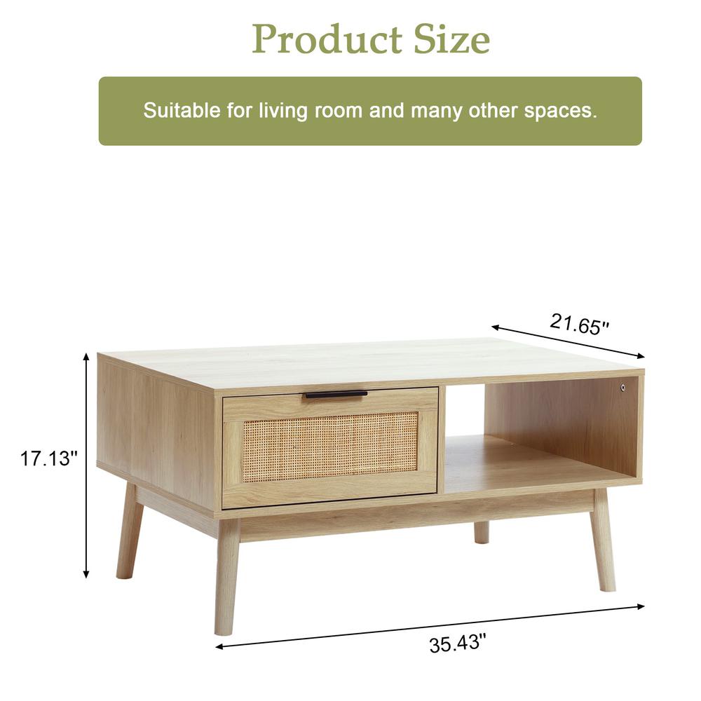 White Oak Finish Wood and Rattan Coffee Table. Picture 7