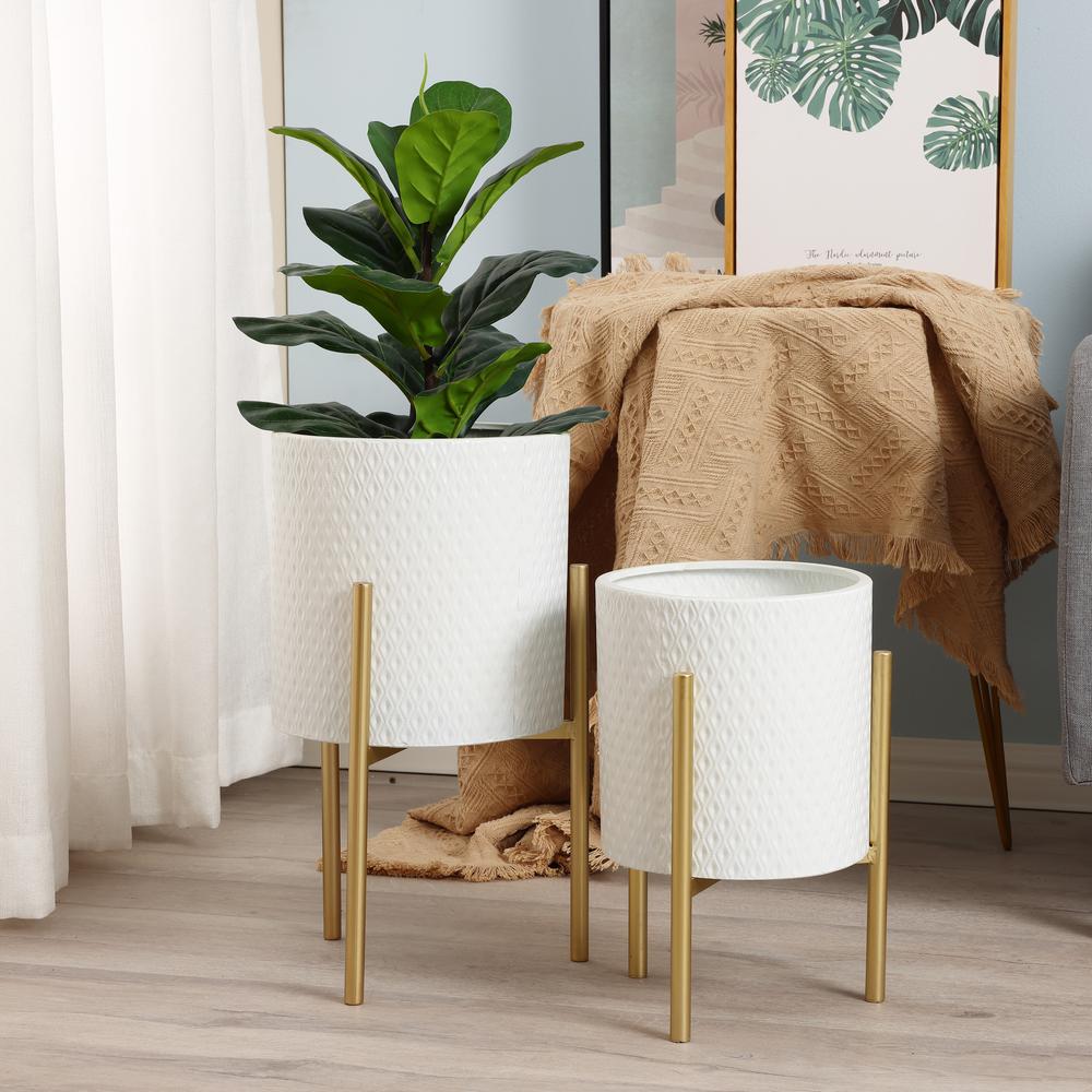 2-Piece White Round Metal Planters and Gold Stand. Picture 6