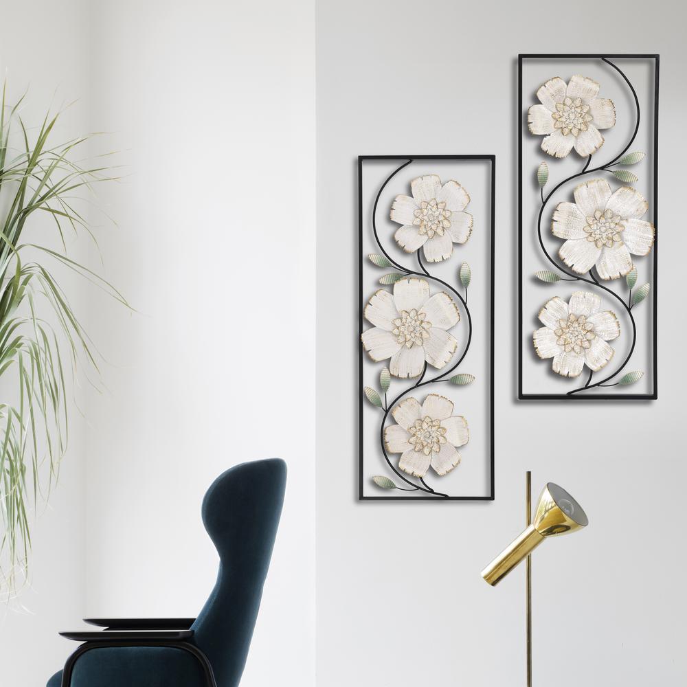 Off White and Gold Magnolia Flowers Black Metal Rectangular Wall Decor, Set of 2. Picture 2