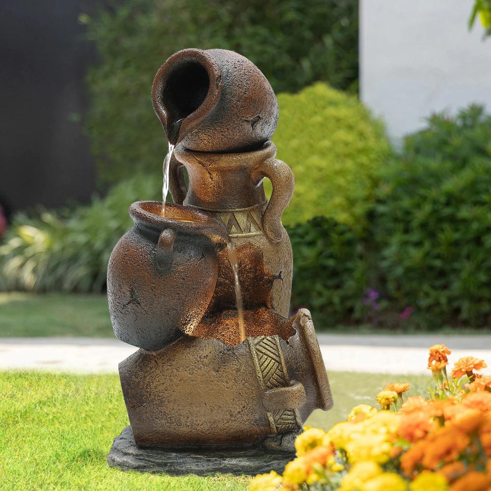 Brown Urns Resin Outdoor Fountain with LED Lights. Picture 3