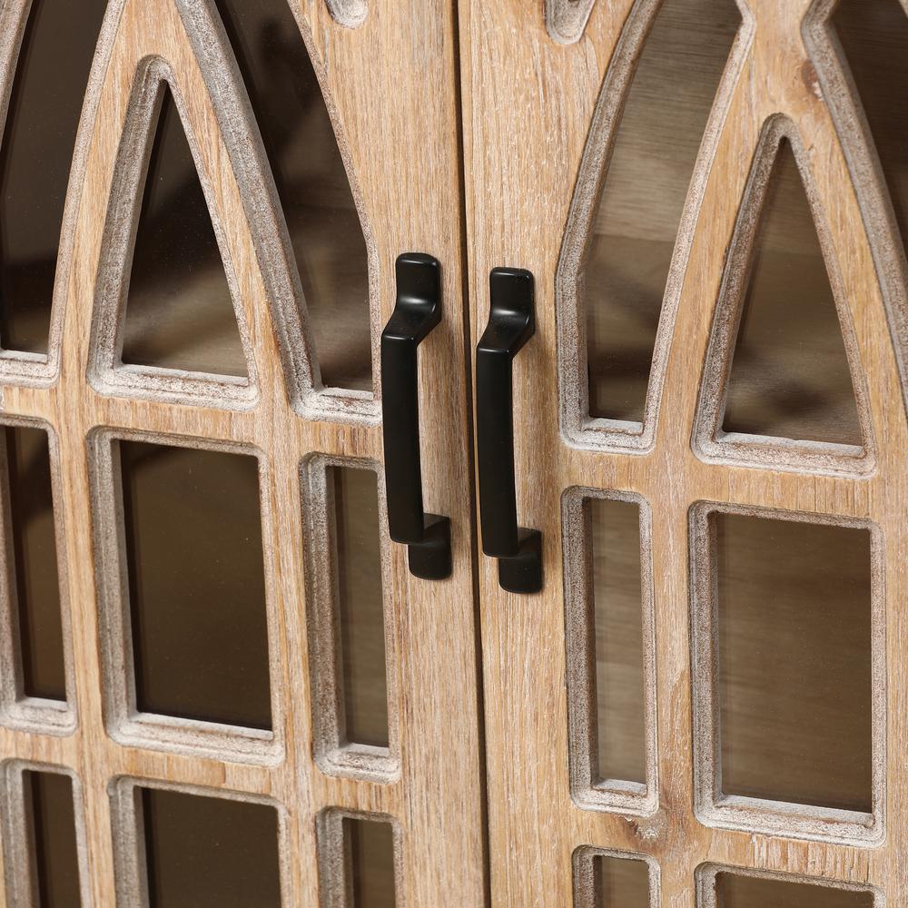 Farmhouse White and Natural MDF Wood Cathedral-Style 2-Door Wall Cabinet. Picture 9
