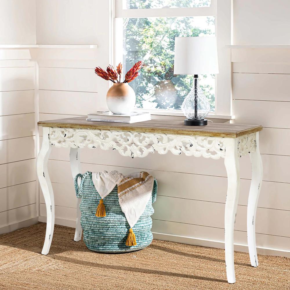 Victorian Off White and Natural Wood Console and Entry Table. Picture 3