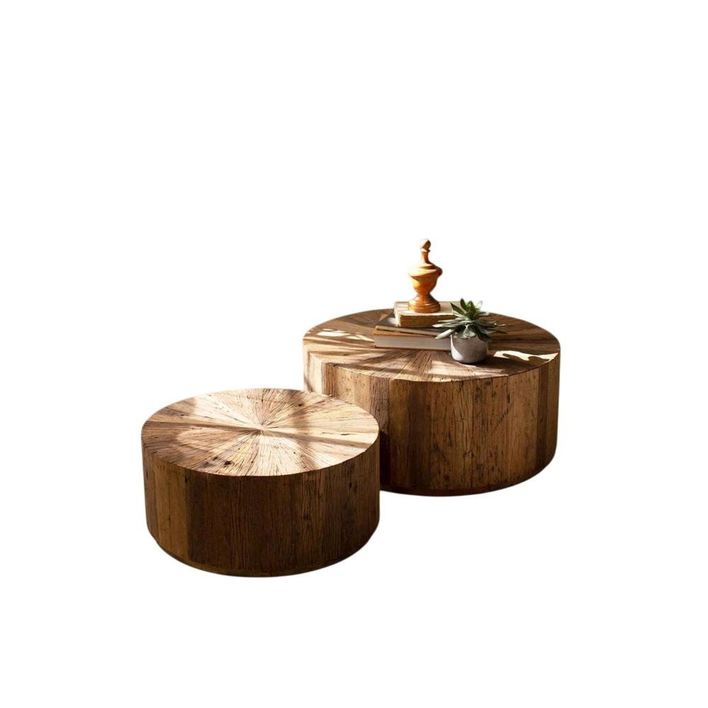 Set Of Two Recycled Wood Round Coffee Tables. Picture 1