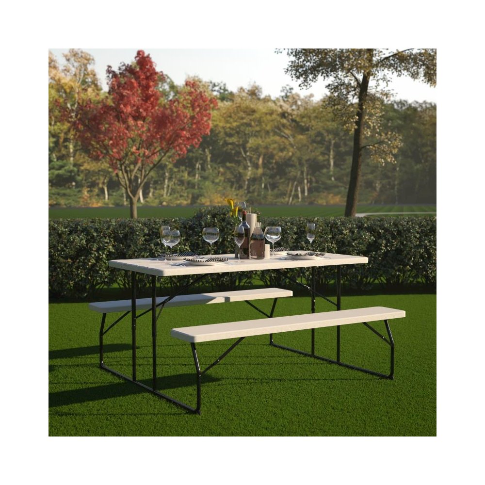 White Wood Grain Folding Picnic Table and Benches - 4.5 Foot Folding Table. Picture 2