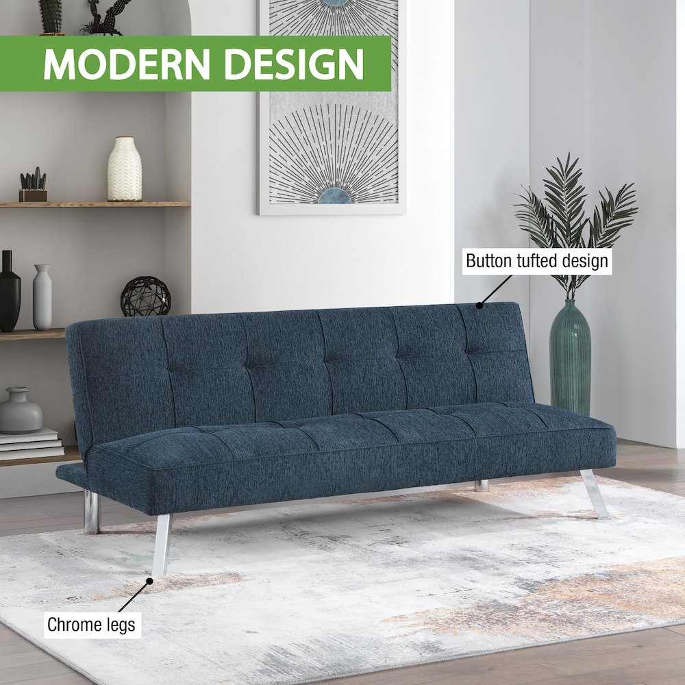 Kenneth Futon in Indigo Fabric and Chrome Legs. Picture 15