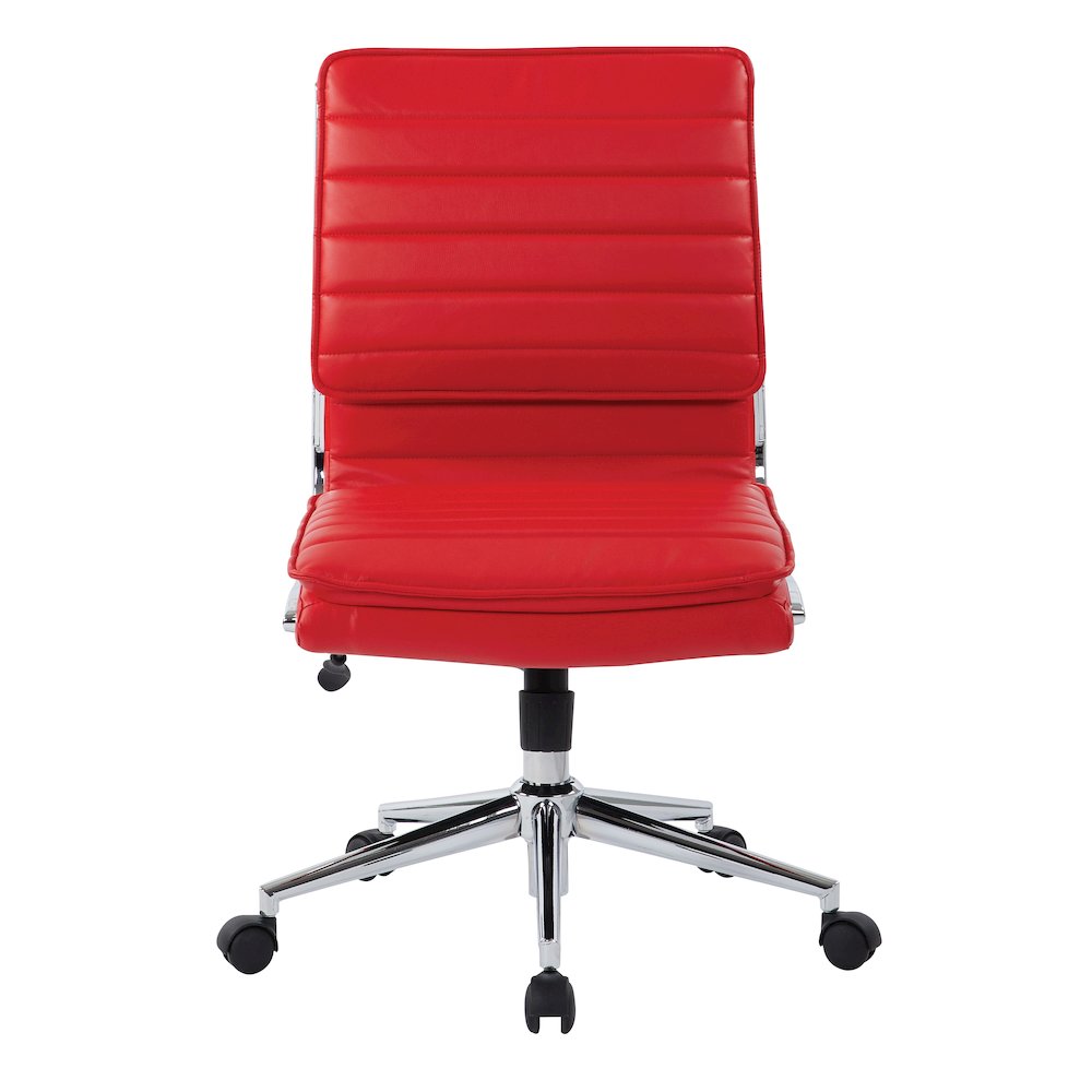 Armless Mid Back Manager's Faux Leather Chair in Red with Chrome Base.. Picture 3