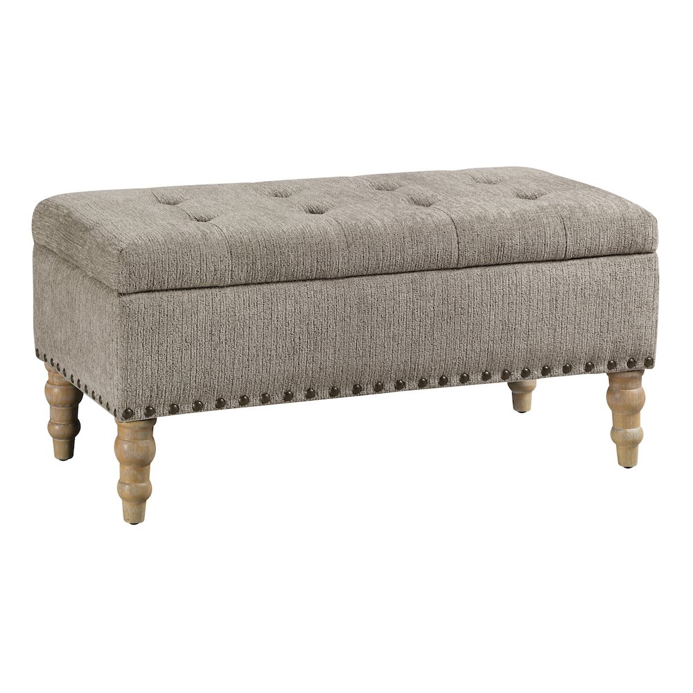 Woodbury Storage Bench In Taupe With Antique Bronze Nail Heads With Brushed Legs. Picture 1