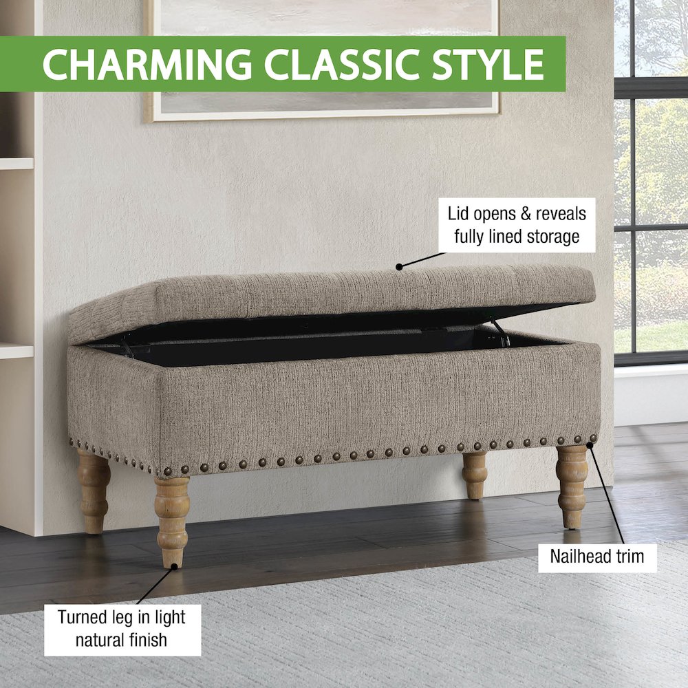Woodbury Storage Bench In Taupe With Antique Bronze Nail Heads With Brushed Legs. Picture 13