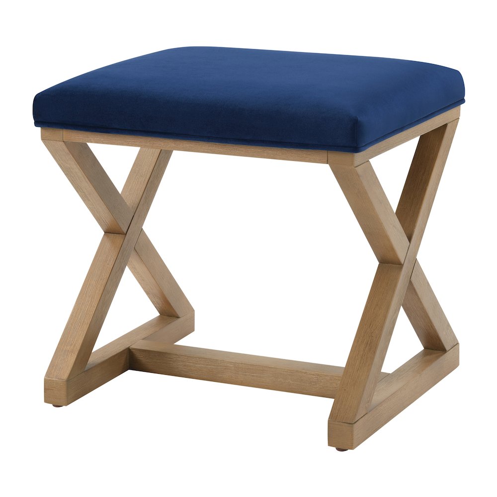 Carson X-Frame Stool in Navy Fabric and Medium Oak Finish Wood. Picture 5