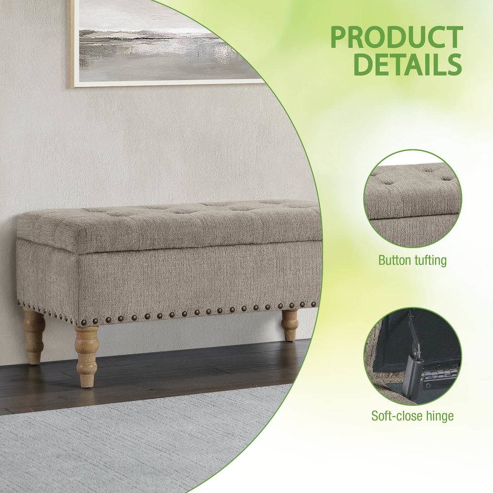 Woodbury Storage Bench In Taupe With Antique Bronze Nail Heads With Brushed Legs. Picture 12