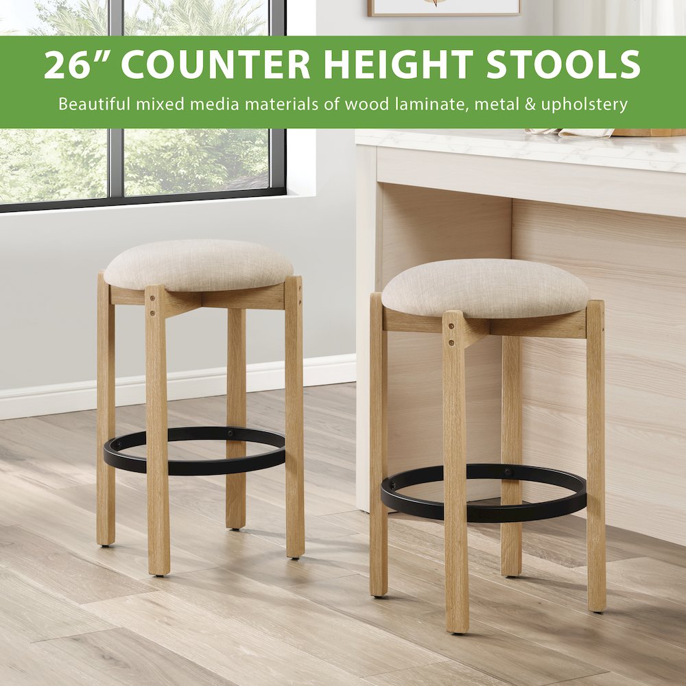 Melissa 26" Counter Stools 2-Pack With Cream Fabric Seat and Natural Finish Wood. Picture 14