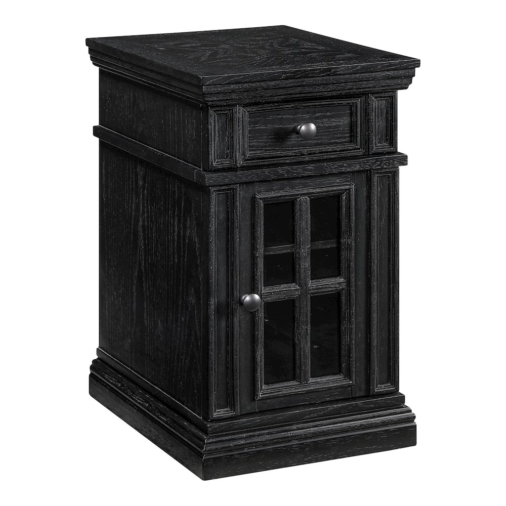 Chair Side Table with 1 Drawer and 1 Glass Door with Power Strip in Black Finish. Picture 2