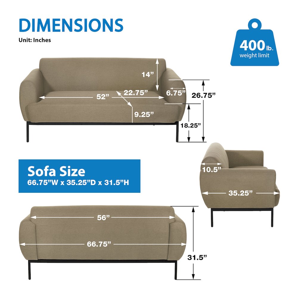 Delta Sofa in Taupe Fabric with Black Metal Legs. Picture 3