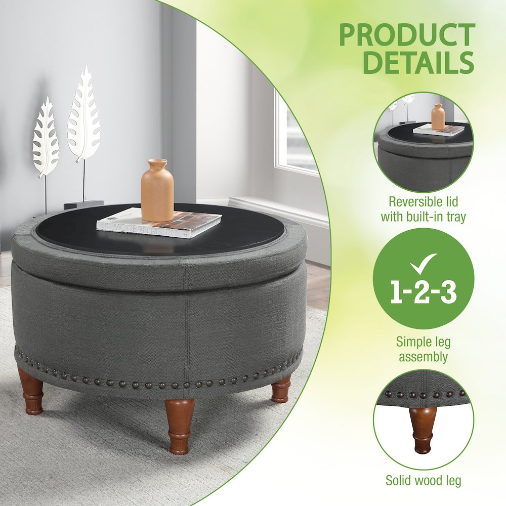 Alloway Storage Ottoman in Charcoal Fabric with Antique Bronze Nailheads. Picture 7