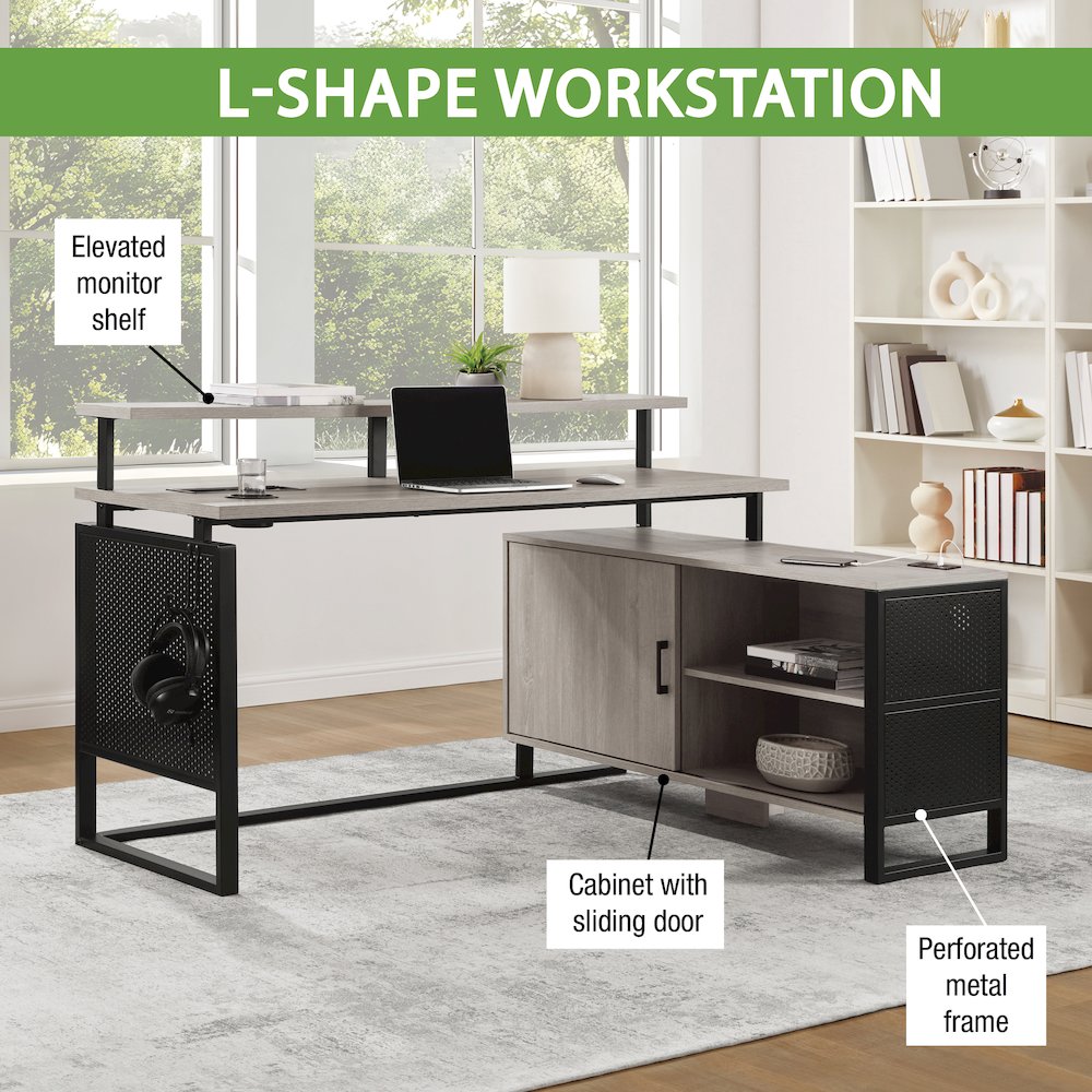 Ace 60"x 50" L-Shape Desk in Grey Taupe Top and Matte Black Frame. Picture 13
