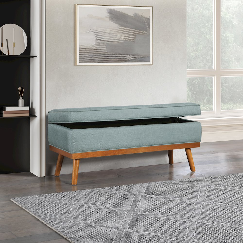 Katheryn Storage Bench in Sea Blue Fabric with Spice Finish Legs. Picture 7