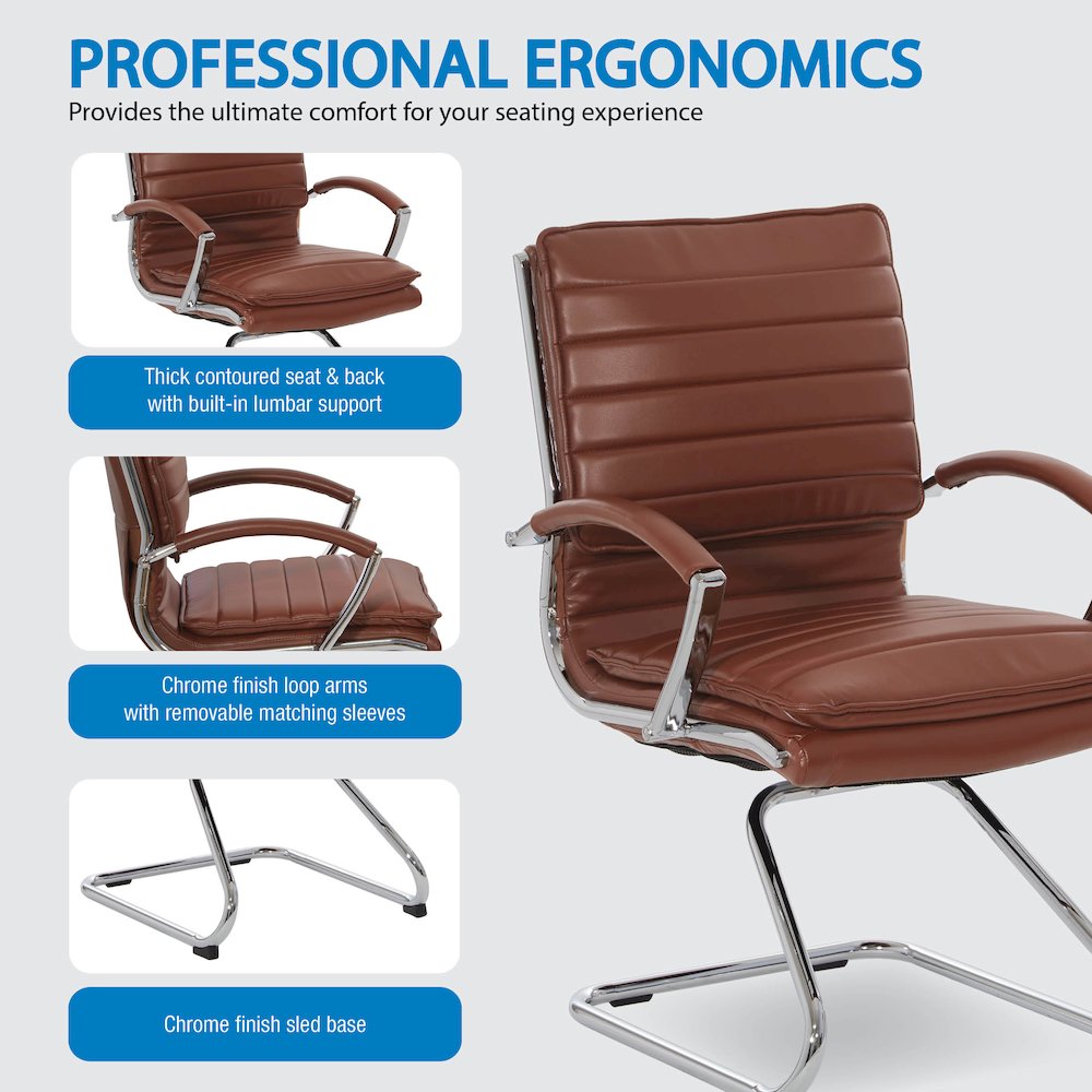 Guest Faux Leather Chair in Saddle with Chrome Base, Removable Arms. Picture 8
