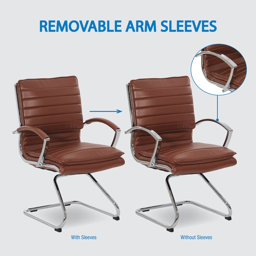 Guest Faux Leather Chair in Saddle with Chrome Base, Removable Arms. Picture 9