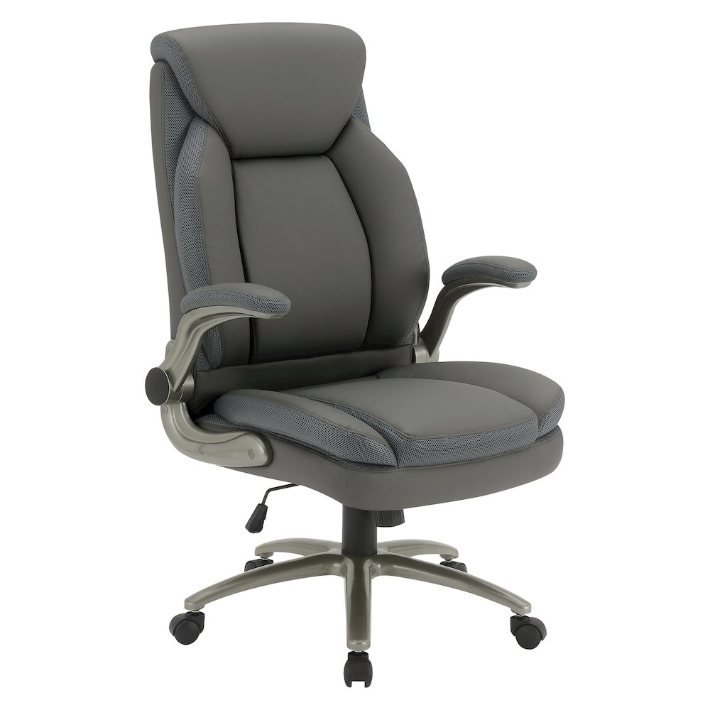 Grey Leather Big & Tall Chair with Padded Flip Arms and Titanium Base. Picture 1