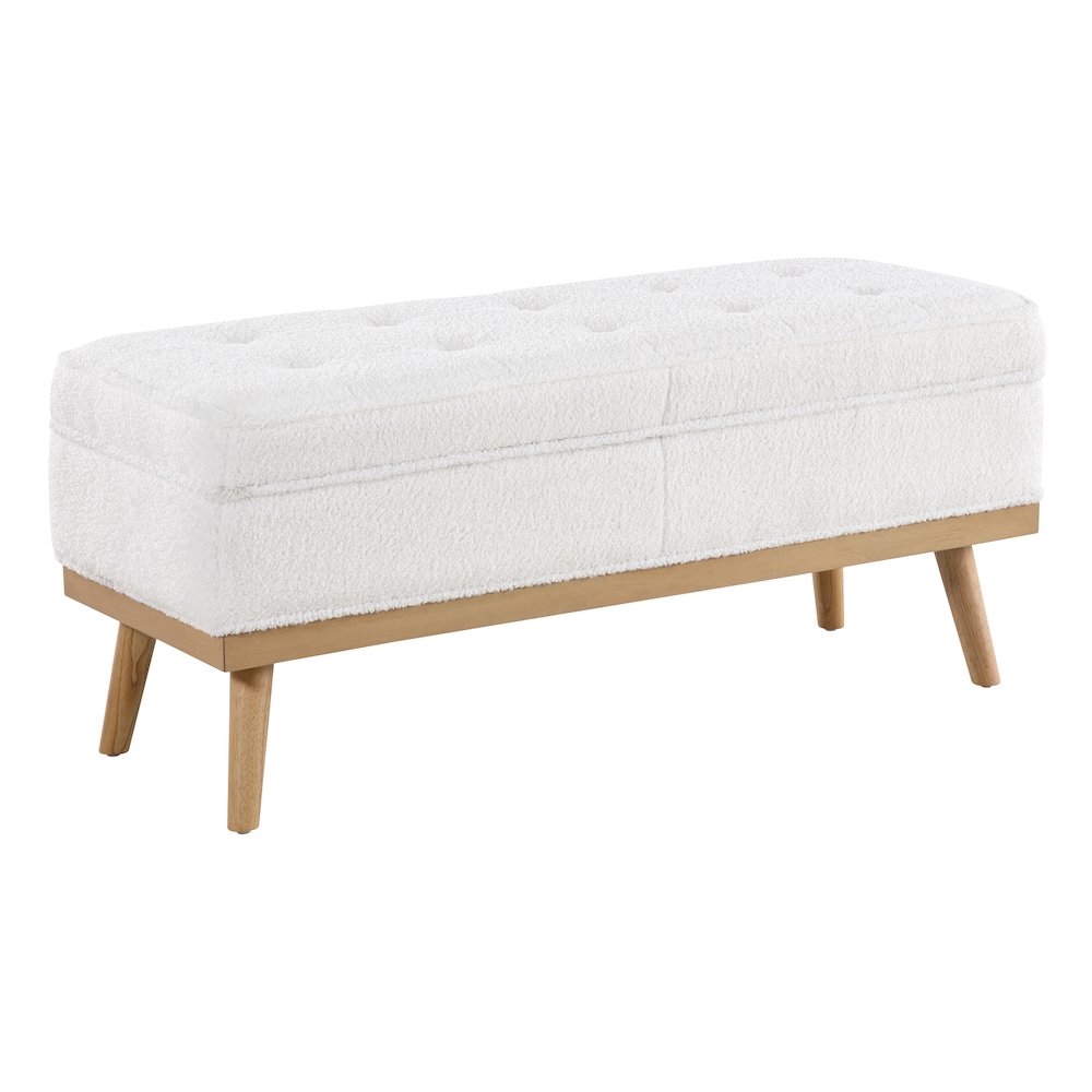 Katheryn Storage Bench in Ivory Sherpa Fabric with National Wood Legs. Picture 1