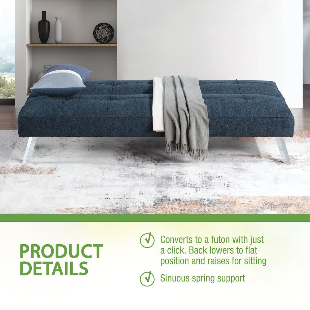 Kenneth Futon in Indigo Fabric and Chrome Legs. Picture 13