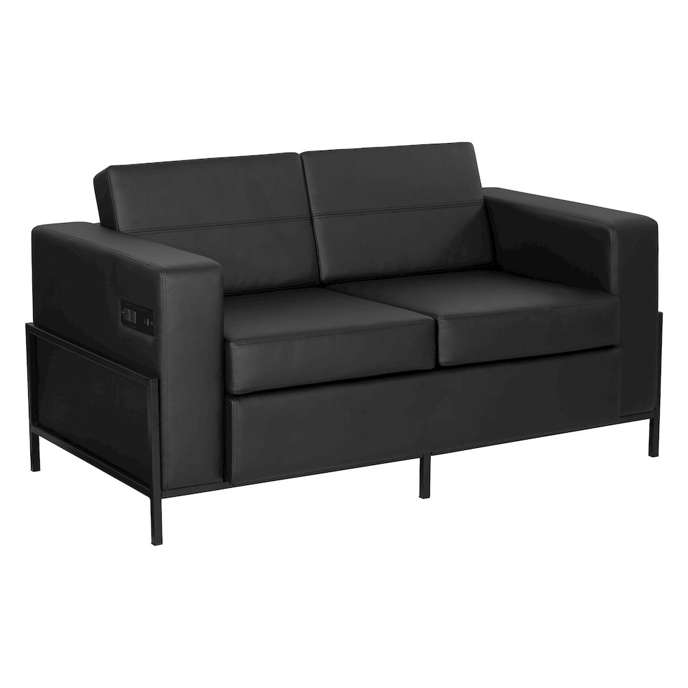 Arctic Loveseat in Black Faux Leather with USB and USB-C Charging Stations. Picture 1