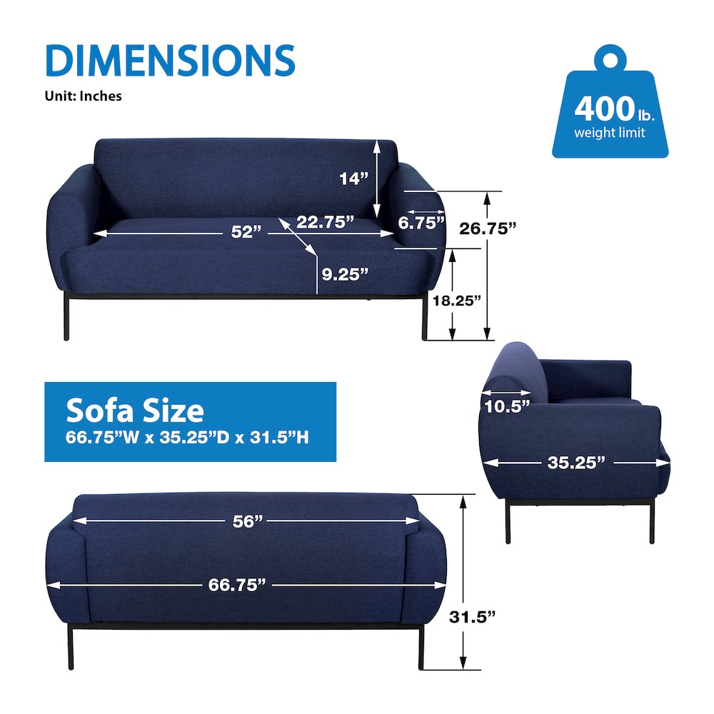 Delta Sofa in Navy Fabric with Black Metal Legs. Picture 3