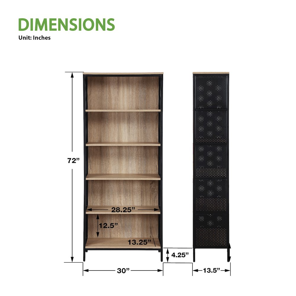 Ace 72” 5-Shelf Bookcase in Rustic Oak Finish. Picture 7