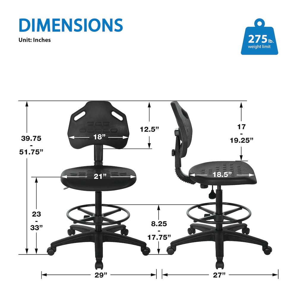 Black Skinned Urethane Drafting Chair With Adjustable Black Footrest And Casters. Picture 2